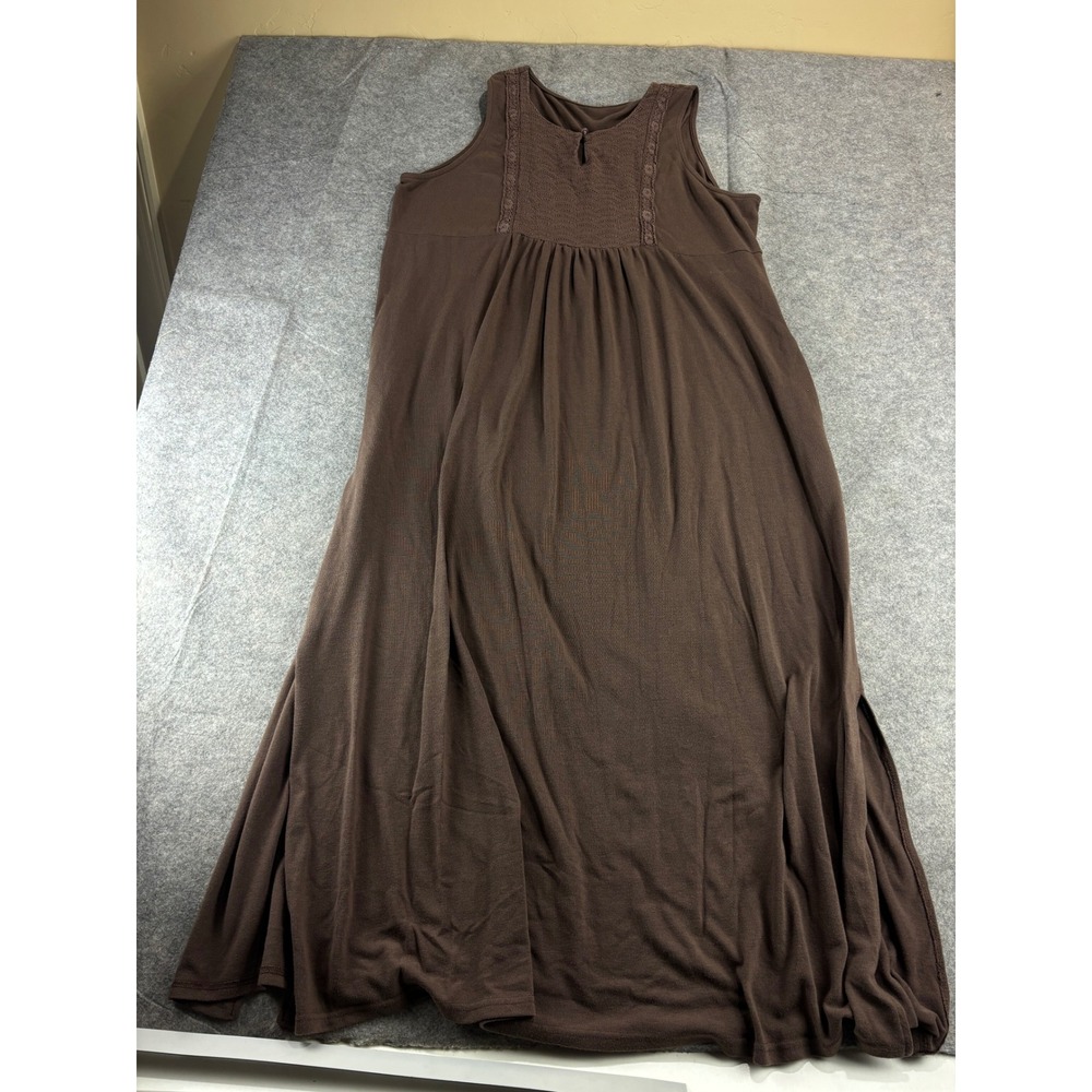 VTG Lace Trim Empire Waist Maxi Dress Brown Jersey Knit Keyhole Front Womens XL